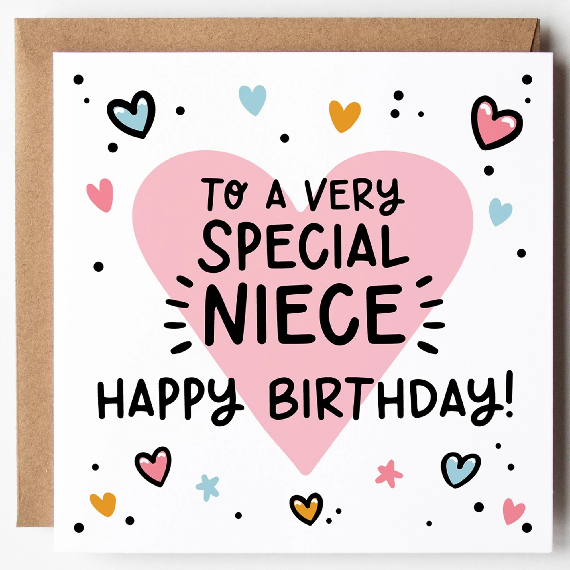 Niece Birthday Card; Pink Hearts with Kraft Envelope