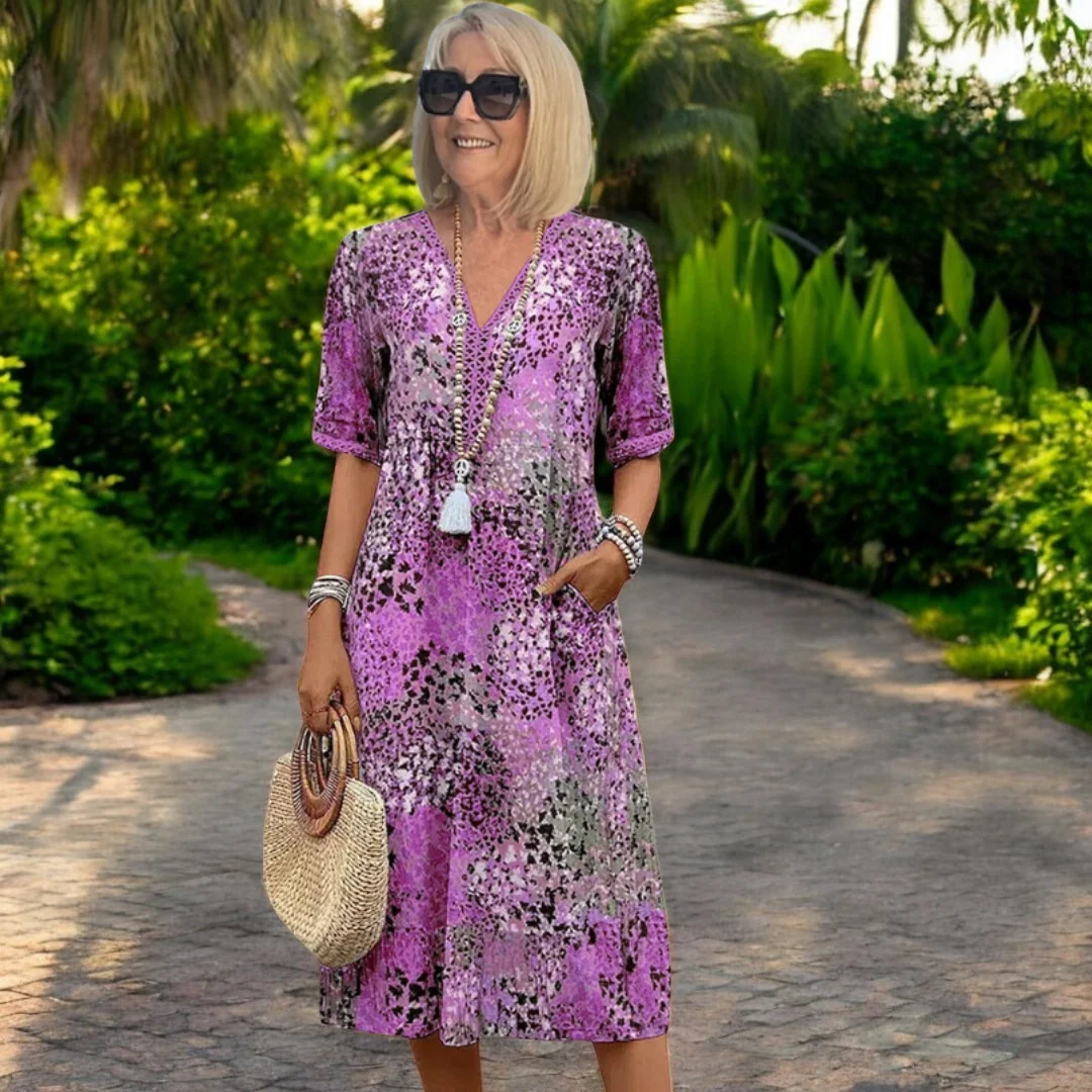 Women��s Artistic Midi Dress V-Neck with Pockets