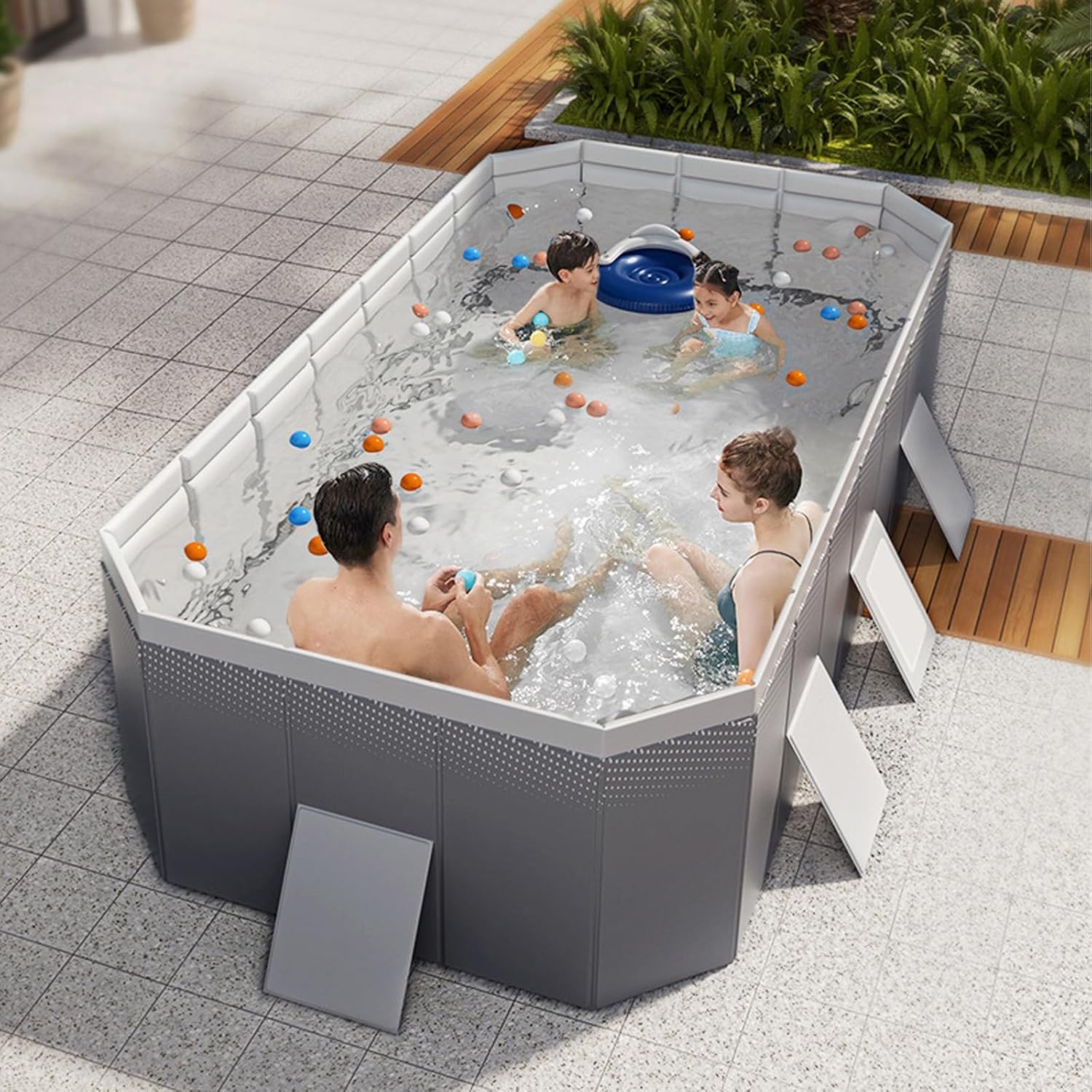Faltbarer Pool, Hartplastikschale, rechteckiger Familienpool im Freien, tragbarer, Nicht aufblasbarer Pool mit Ablassschraube und Abflussloch für Familienpool, Sommerwasserparty(1.85m)