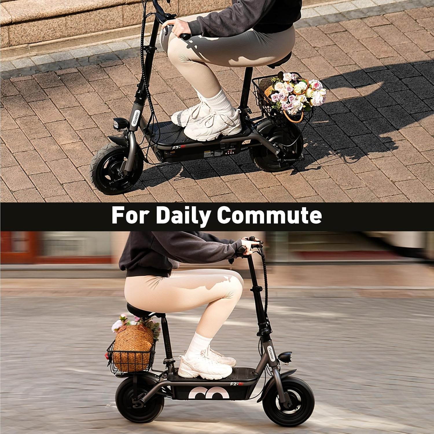 iScooter electric scooter with seat, 37/21 mile range, 28/19/15.6 mph top speed, dual suspension scooter with basket