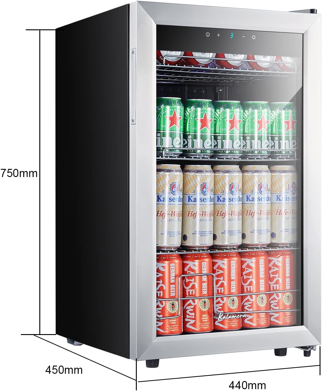Kalamera Getränkekühlschrank, Bierkühlschrank mit Touch-Bedienfeld, 3-18°C Kühlzone, Flaschenkühlschrank 86 Liter, Blaue LED-Innenbeleuchtung, 41 dB, KRC-86GE