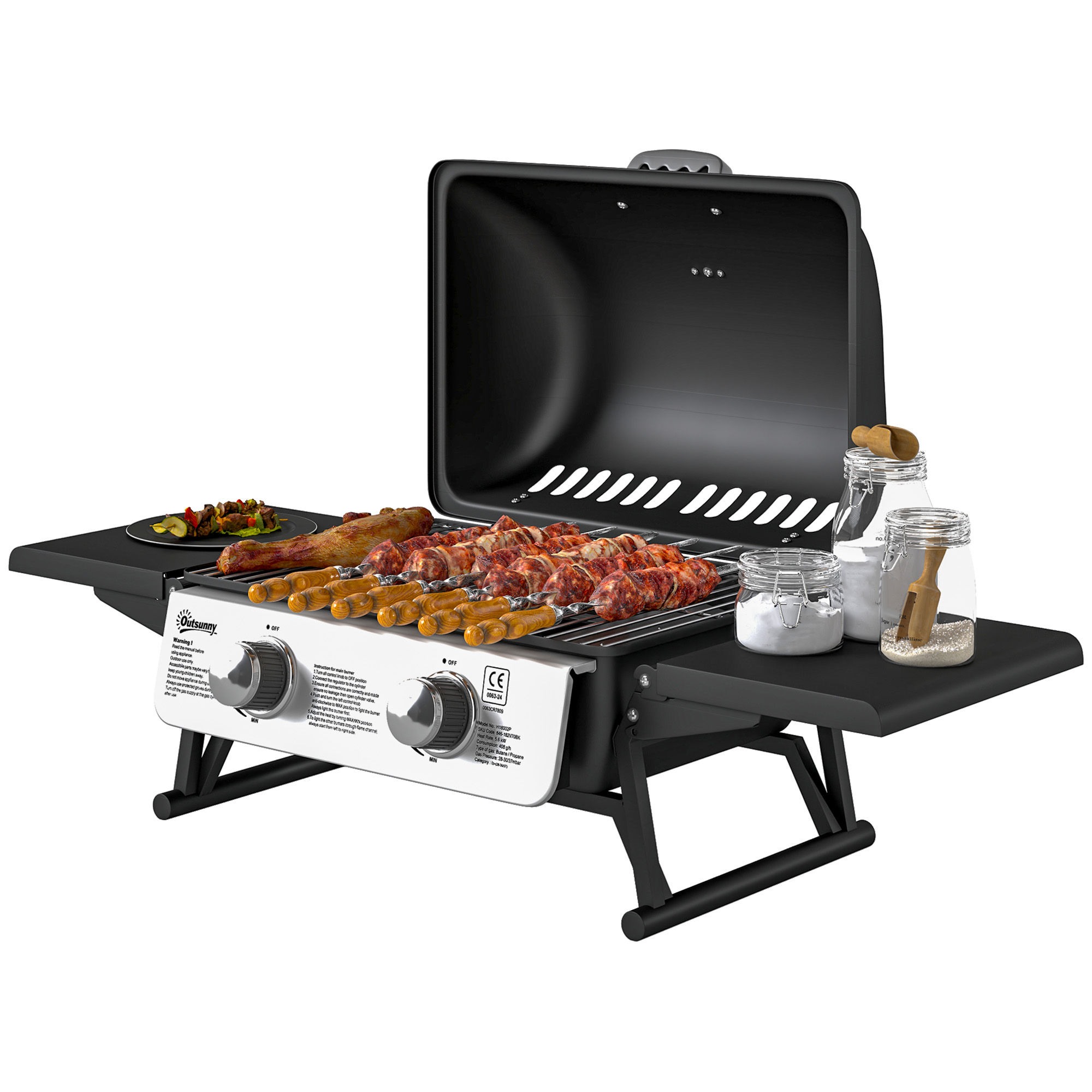 Outsunny Gasbarbecue 5,6 KW met 2 Roestvrijstalen Branders en Zijtafels, Drukregelaar 101 x 48 x 41 cm Zwart