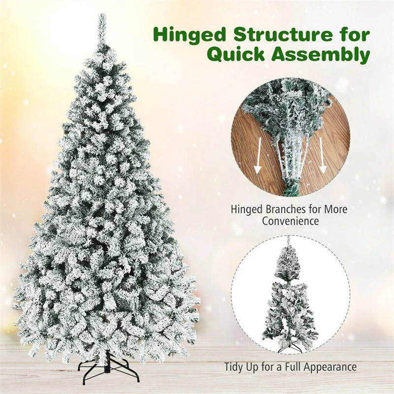 Premium Pre-Lit Snow Flocked Artificial Christmas Tree with Hinged Branch Tips & LED Lights