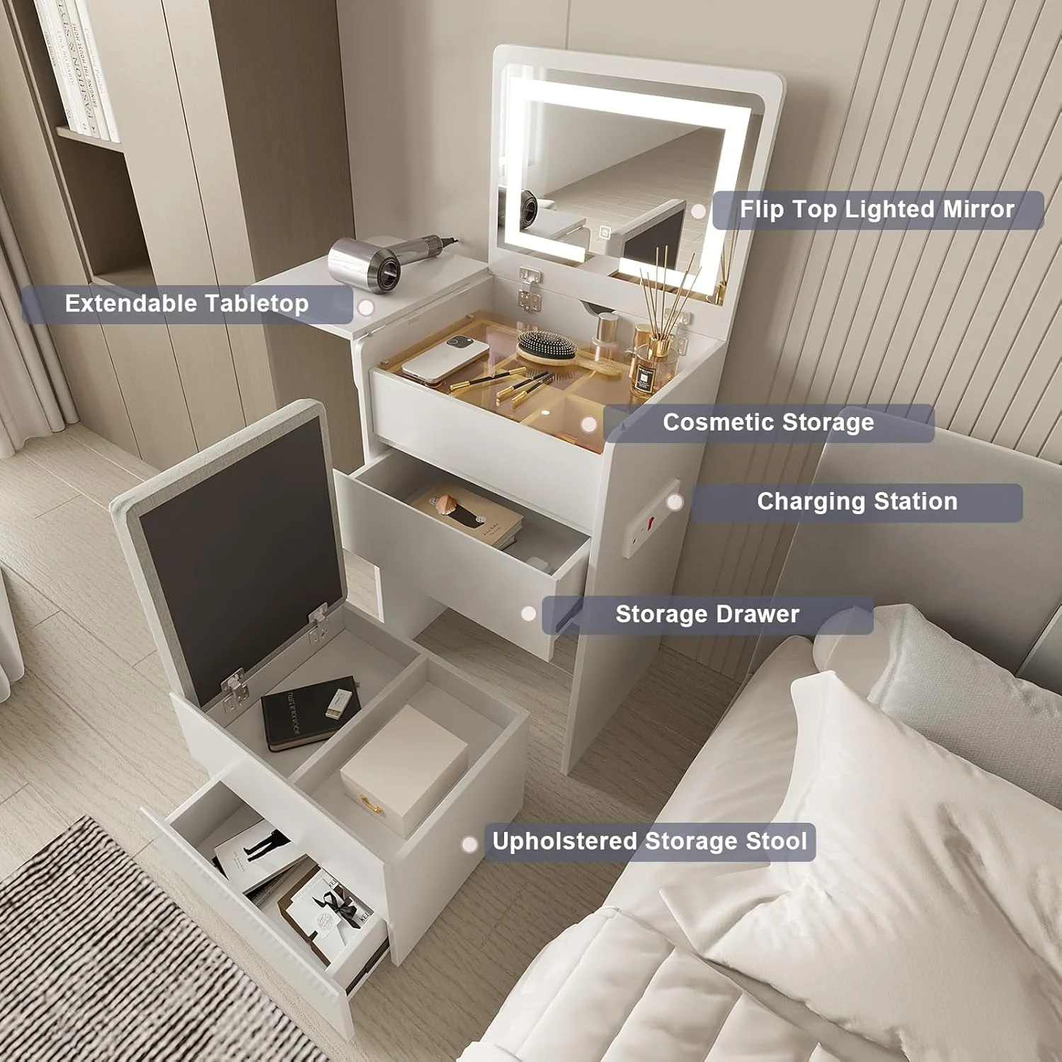 Vanity Desk with Flip Top Lighted Mirror, Compact Makeup Table with Storage Stool, Integrated Vanity with Drawers, 3-in-1 Vanity Set, Small Dressing Desk for Bedroom