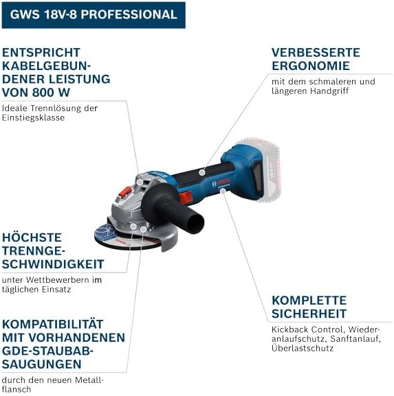 Bosch Professional 18V System Akku-Winkelschleifer GWS 18V-8 (Scheibendurchmesser 125 mm, inkl. 2x Akku GBA 4.0Ah, Ladegerät GAL 18V-40, L-BOXX)
