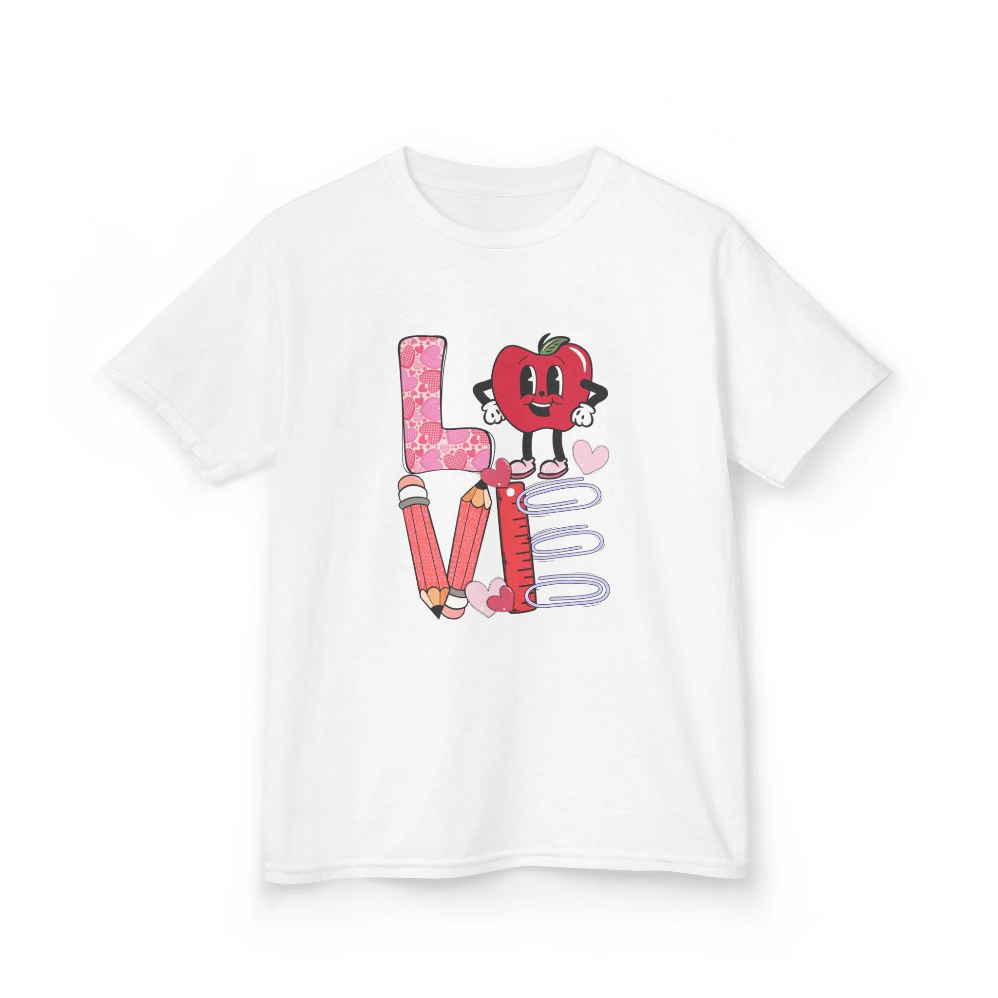 Love School Supplies Kids Tee | Heart Apple, Pencils & Notebook