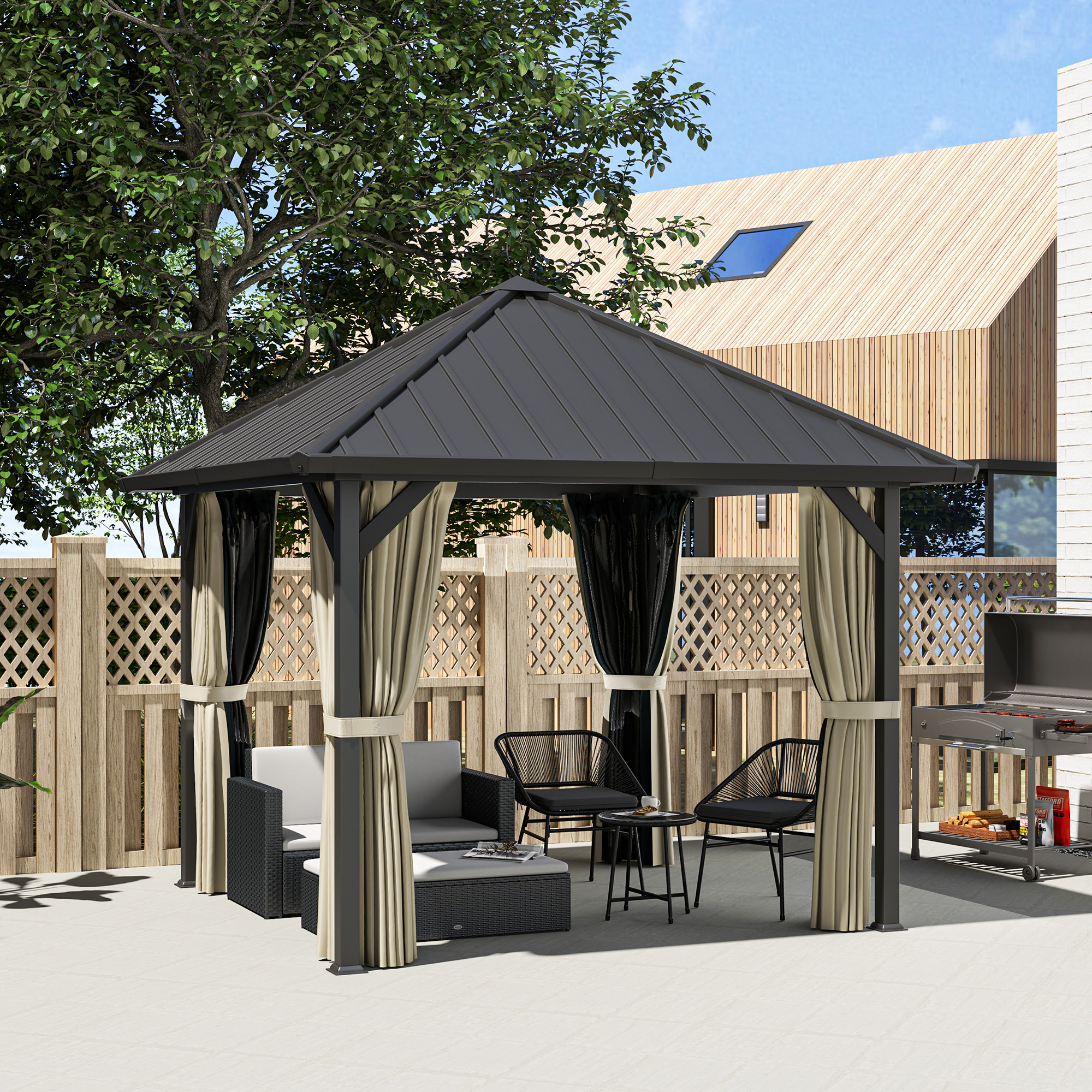 Outsunny 3 x 3m Harddak Paviljoen, Tuinpaviljoen met Metalen Dak, Waterbestendig Tuinzelt met Net en Zijwanden, Donkergrijs