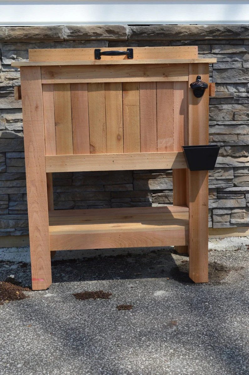 All Weather 48 Quart Antiqued Cedar Cooler Stand with Brass Drain, Bottle Opener and Cap Catcher, Beer Cooler.