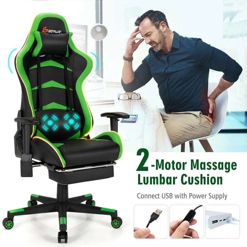 Led Massage Gaming Chair Height Adjustable Racing Computer Office Chair With Footrest Ergonomic High Back Pu Swivel Game Chair - Comfortable And Ergonomic Design