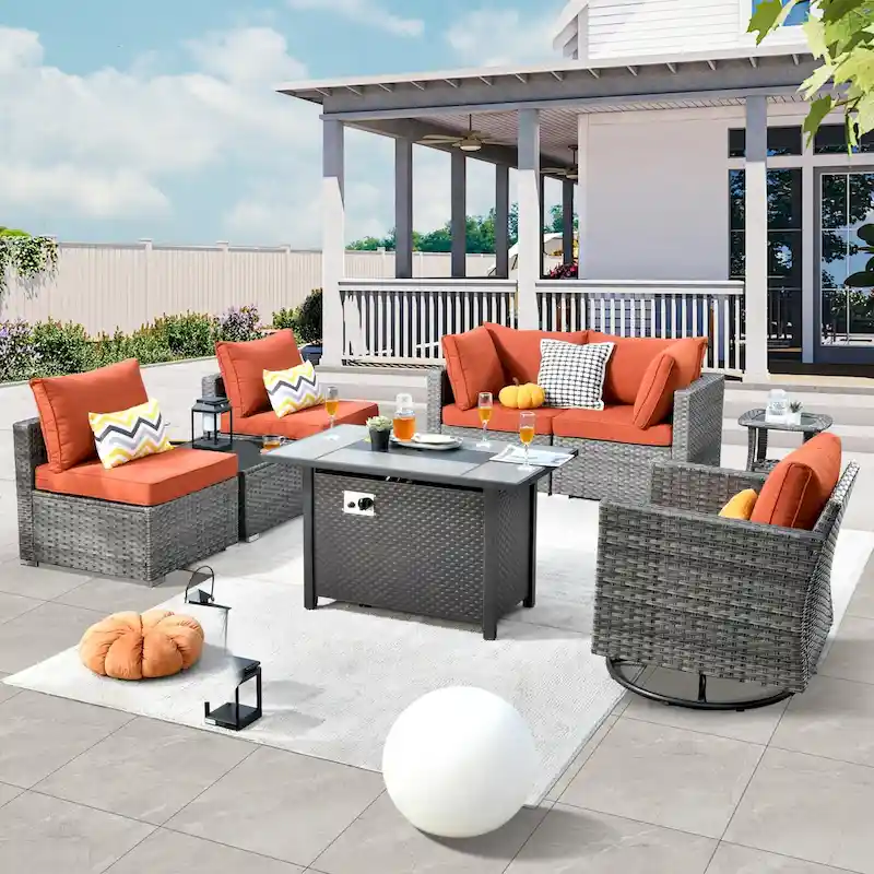 HOOOWOOO 8-piece Rattan Wicker Patio Furniture Set with Fire Pit