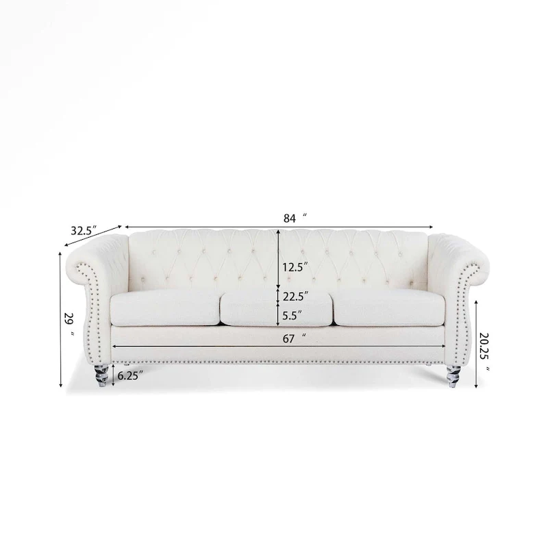 84 White Rolled Arm Chesterfield 3 Seater Sofa Couch