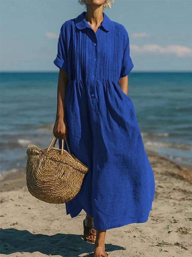Women��s Midi Dress Breathable Cotton Button-Front Summer Style