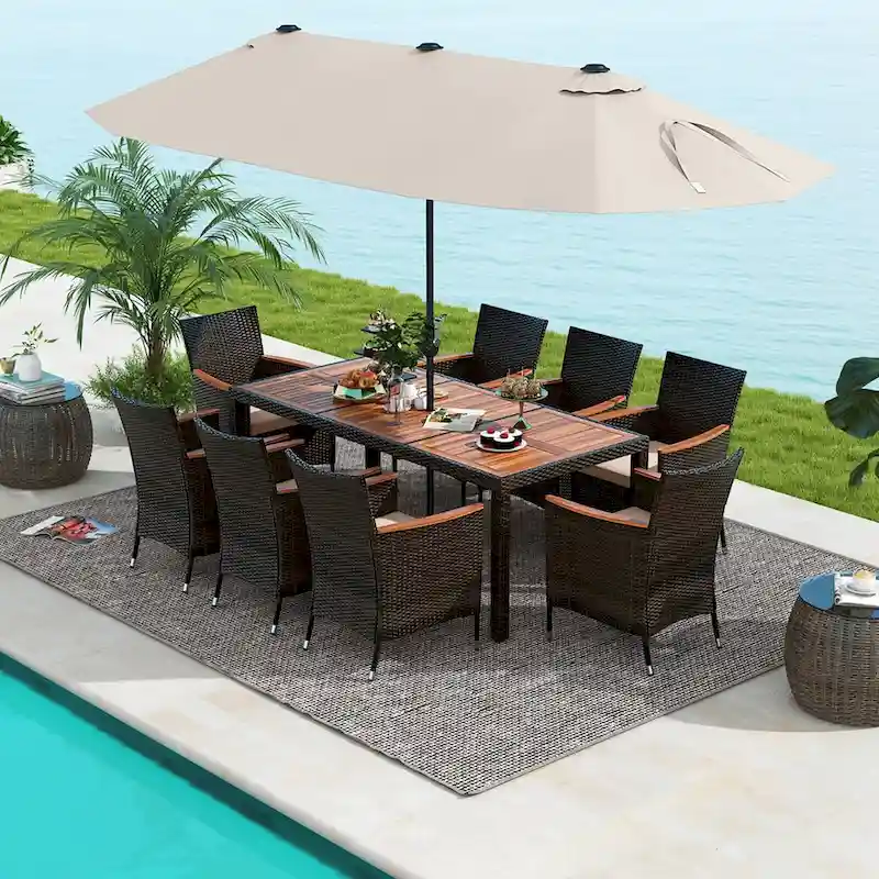 11 PCS Patio Dining Set Outdoor Rattan Furniture Set w/ 15ft Umbrella