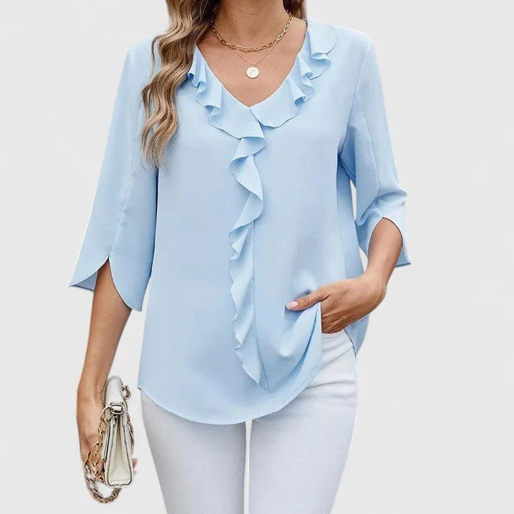 Women's Chiffon Blouse Ruffle V-Neck Half-Sleeve Style