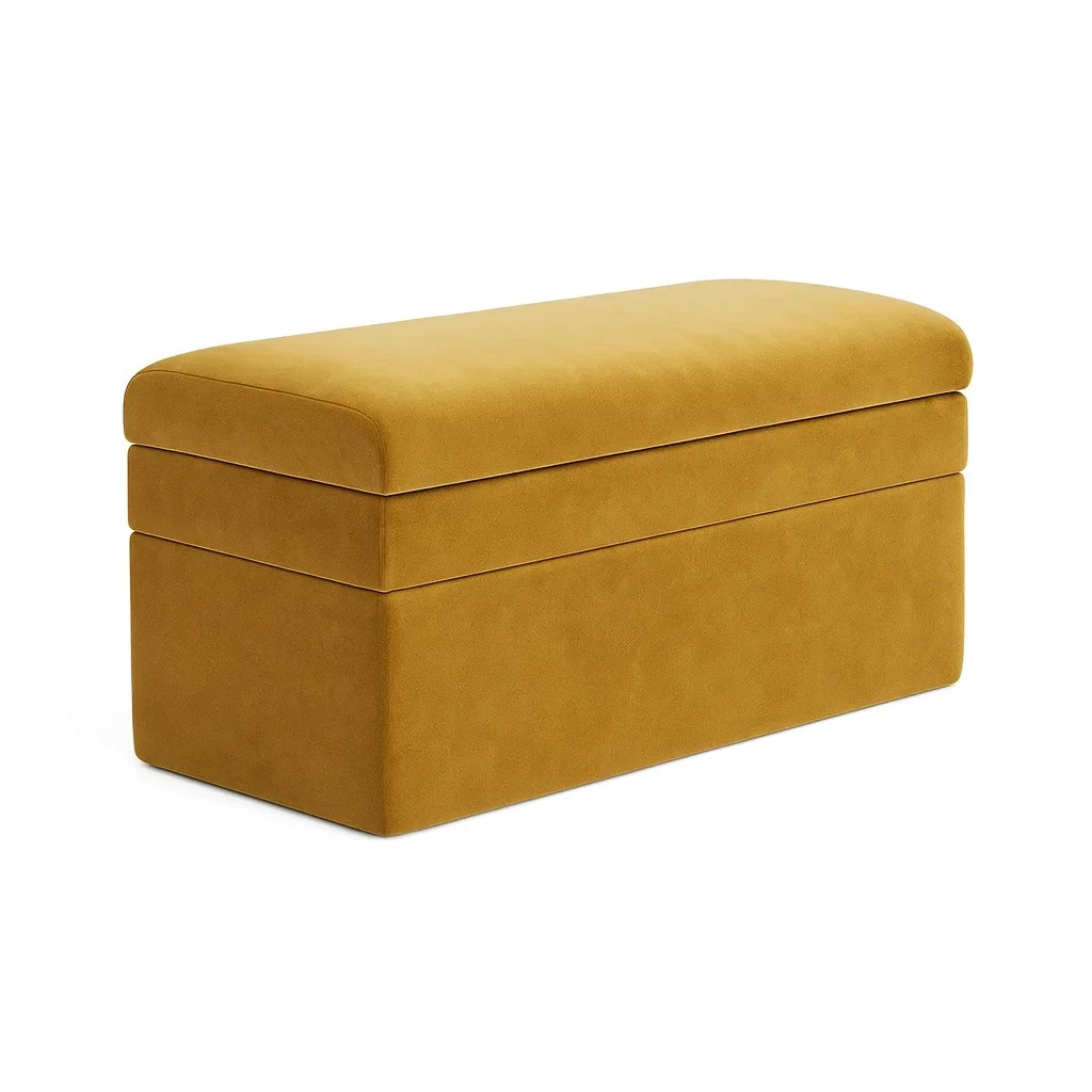 Banc de rangement banquette en bois et tissu moutarde