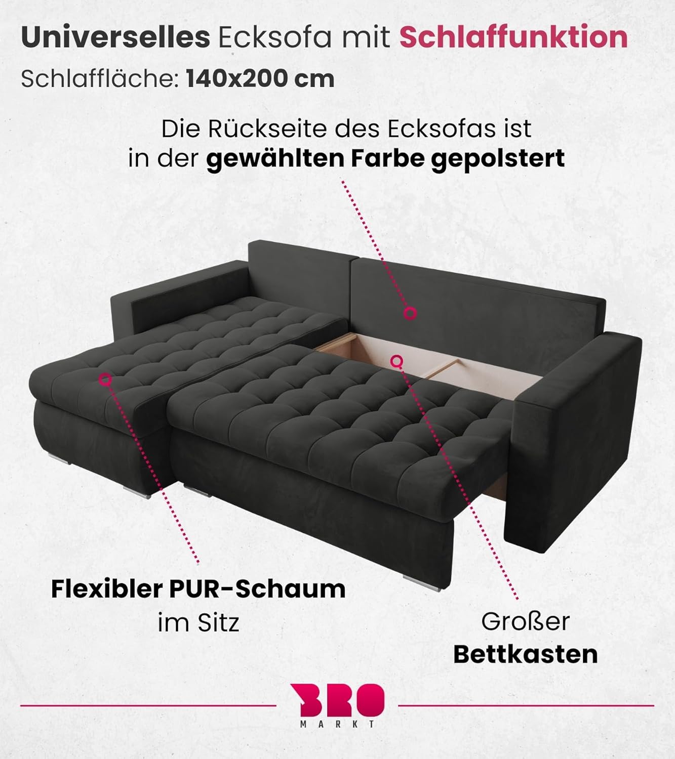BROMARKT Sofa mit Schlaffunktion Ecksofa L-Form Schlafsofa Couch Bettkasten Wohnzimmer Möbel LUIS Couch 3 Sitzer Bett mit Bezugbehalter 238x150x72 Graphite