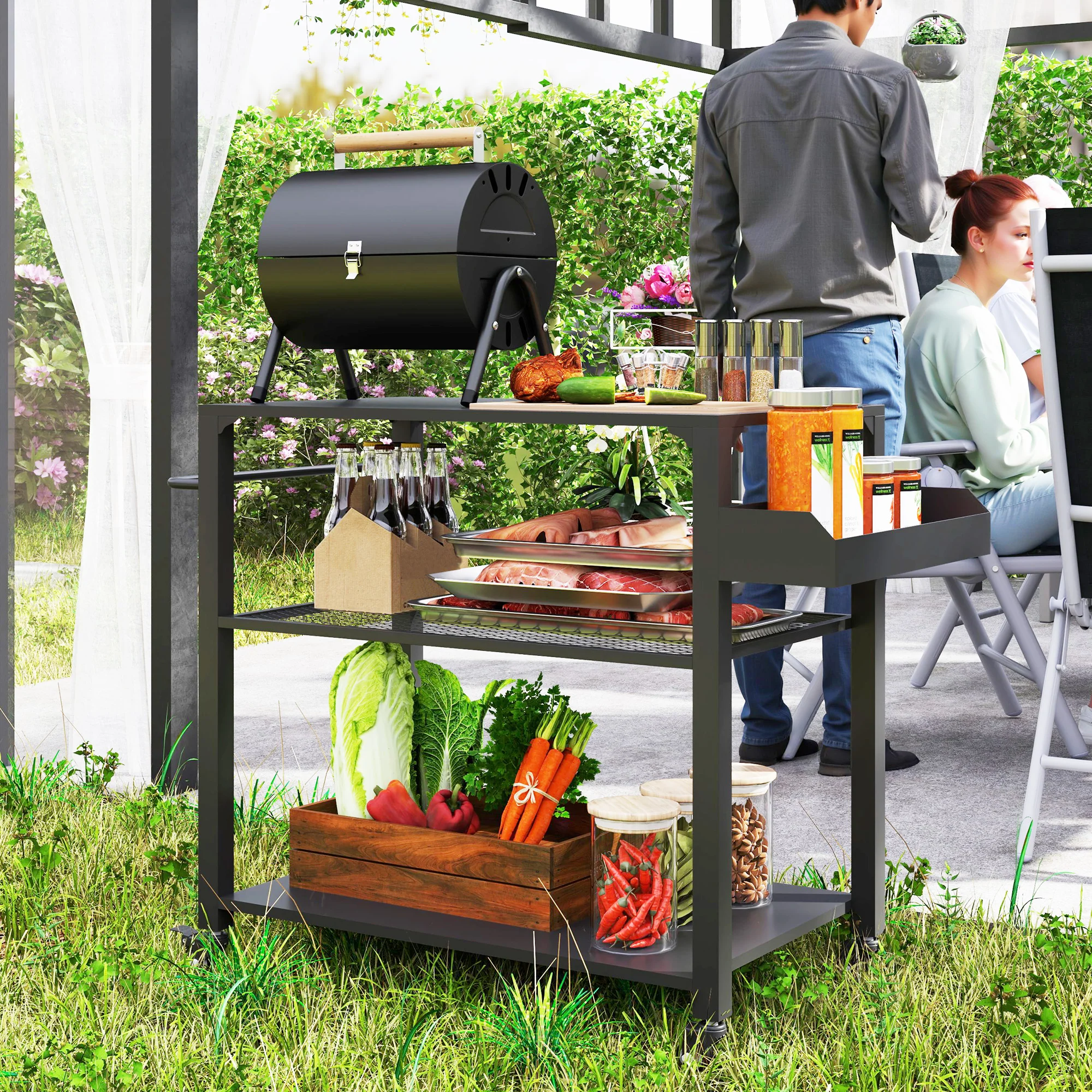 Outsunny Outdoor Keukeneiland, Grillwagen met Opbergrek, Handvat, 4 Wielen, Keukentrolley, Tuin, Terras, Metaal, Zwart