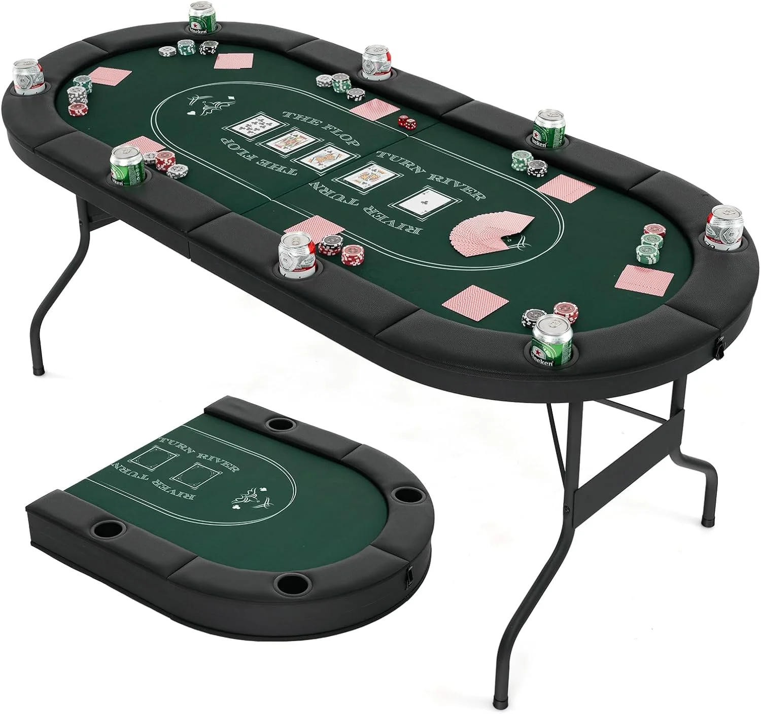 Poker Table Foldable, 8 Players Card Board Game Table w/Deep Metal Cup Holders
