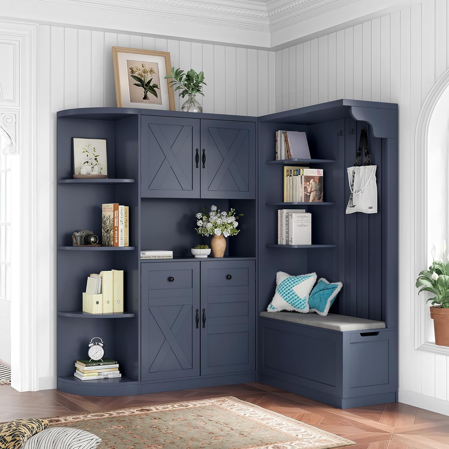 SOFTSEA Wide Entryway Hall Tree with Bench, Left-Right Combination Mudroom Cabinet with Drawers & Storage Cabinets, Can Be Used Separately, Large Hall Cabinet with 4 Hooks, Antique Blue