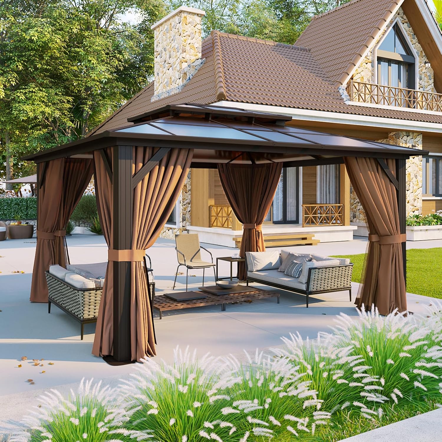 Aoxun 12'x10' Hardtop Gazebo  Aluminum Frame Permanent Pavilion with Curtains and Netting  Outdoor Polycarbonate Double Roof Canopy  Designed for Garden  Lawns  Patio  Brown