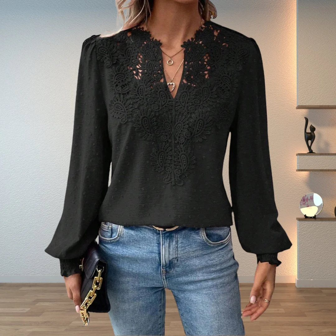 Women��s Lace-Bodice V-Neck Blouse with Smocked Cuffs and Long Sleeves