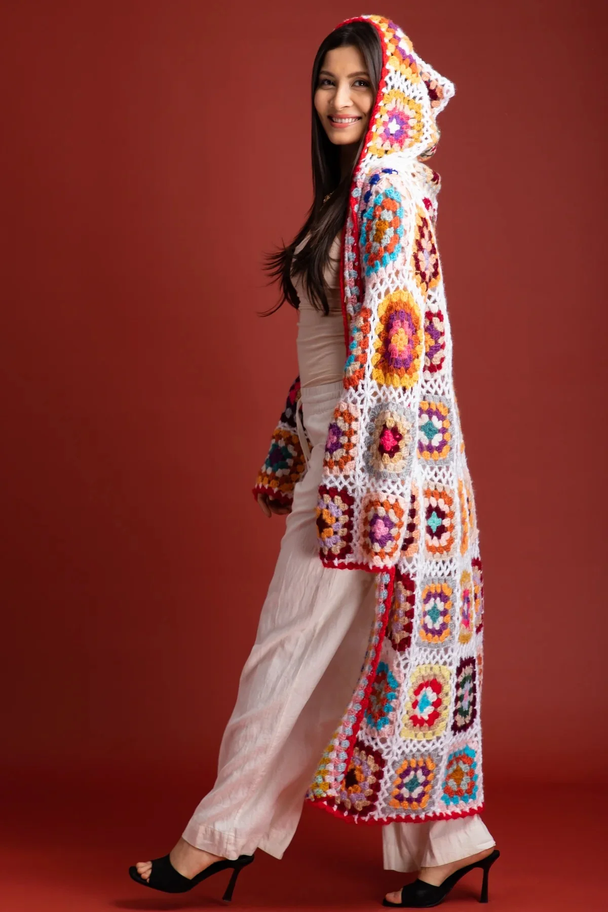 Hooded Crochet Kimono, White