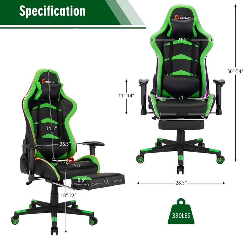 Led Massage Gaming Chair Height Adjustable Racing Computer Office Chair With Footrest Ergonomic High Back Pu Swivel Game Chair - Comfortable And Ergonomic Design