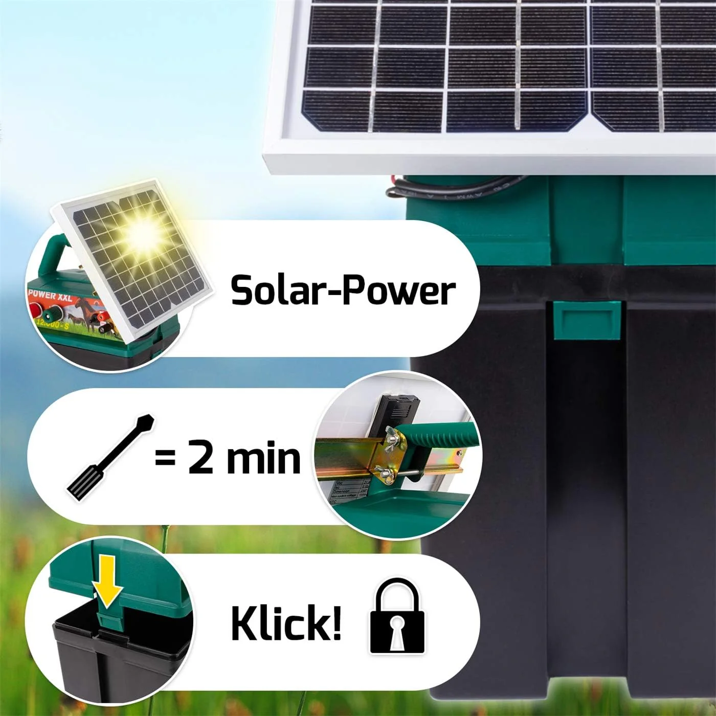 VOSS Power XXL B 12.000-S, 10.800V Elettrificatore Solare Potente 9V 12V, incl. Batteria da 55Ah e Cartello di Avvertimento, Modulo Solare ad Alta Efficienza, Per Cavalli, Pony, Cani, Gatti, Aironi, Bovini, Suini