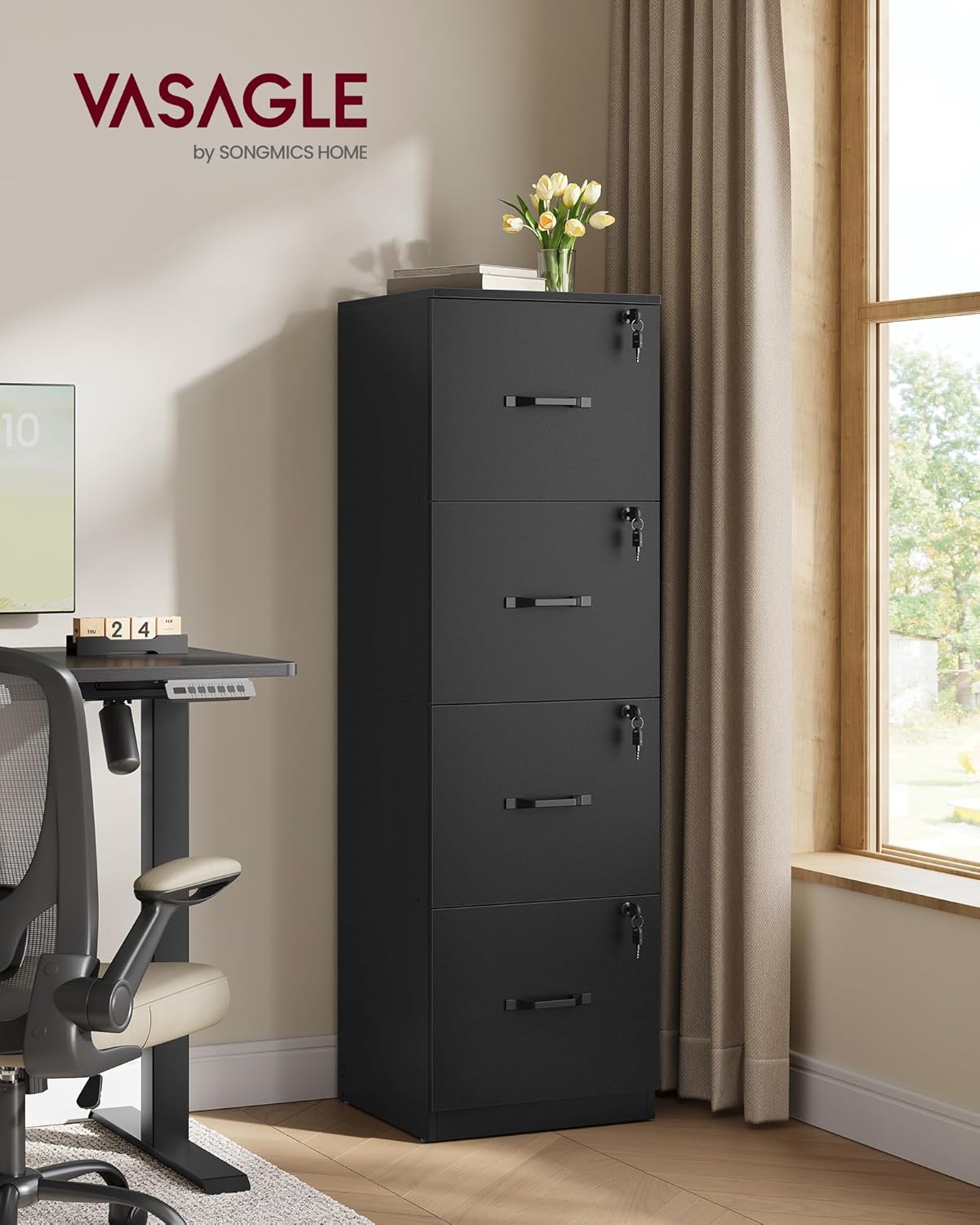 VASAGLE 4-Drawer Vertical File Cabinet, Filing Cabinet for Home Office, Printer Stand, with 4 Lockable Drawers, Adjustable Hanging Rail, for A4 and Letter-Size Files, Ink Black UOFC082B01