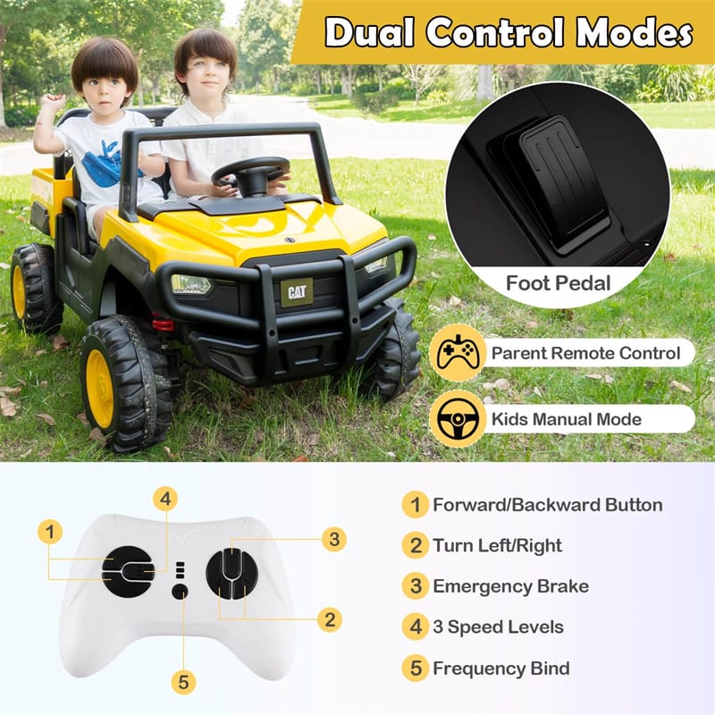 24V 4WD 2-Seater Ride on Dump Truck Licensed Caterpillar Electric Vehicle with Remote Control & Soft Start, Kids Ride On UTV Car with Dump Bed