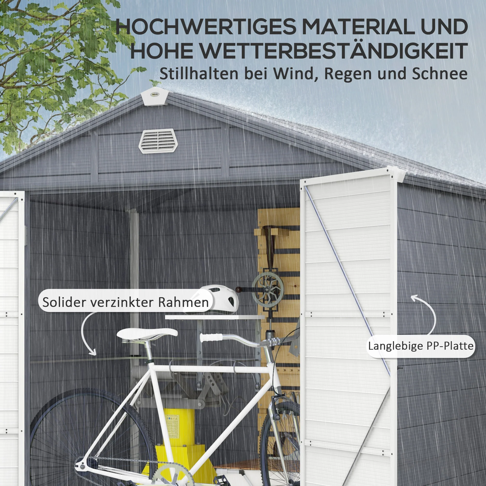 Outsunny Tuinhuis, Tuinschuur met Ventilatieraam, Kunststof, Metaal, 240 x 190 x 180/228, Grijs