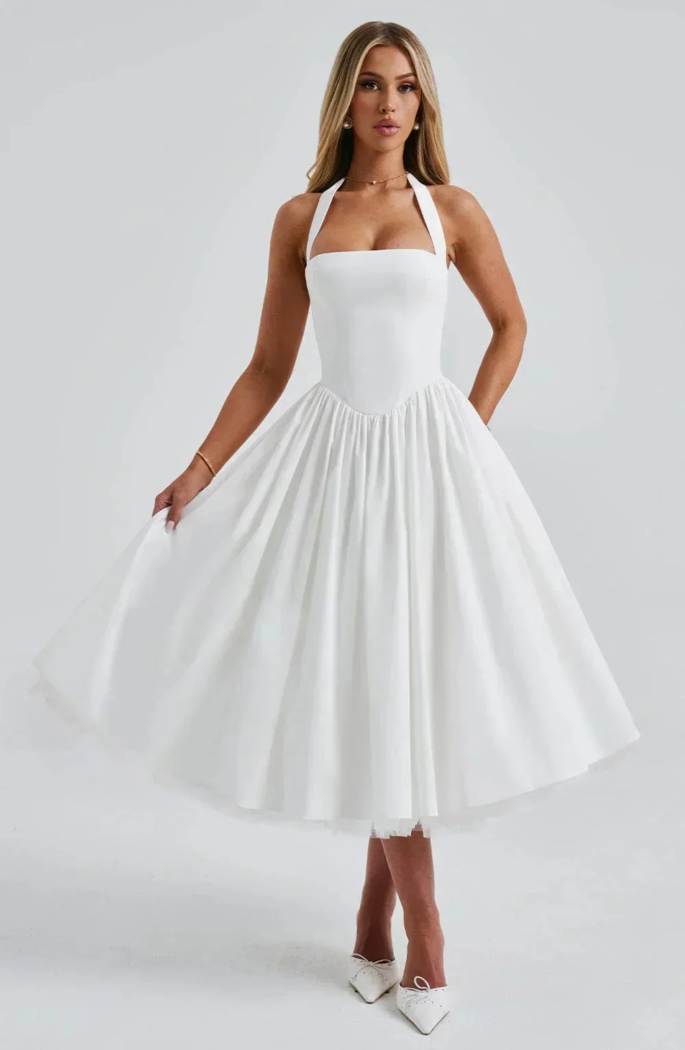 Womena??s Halter Midi Dress Elegant Lace-Up Back Design
