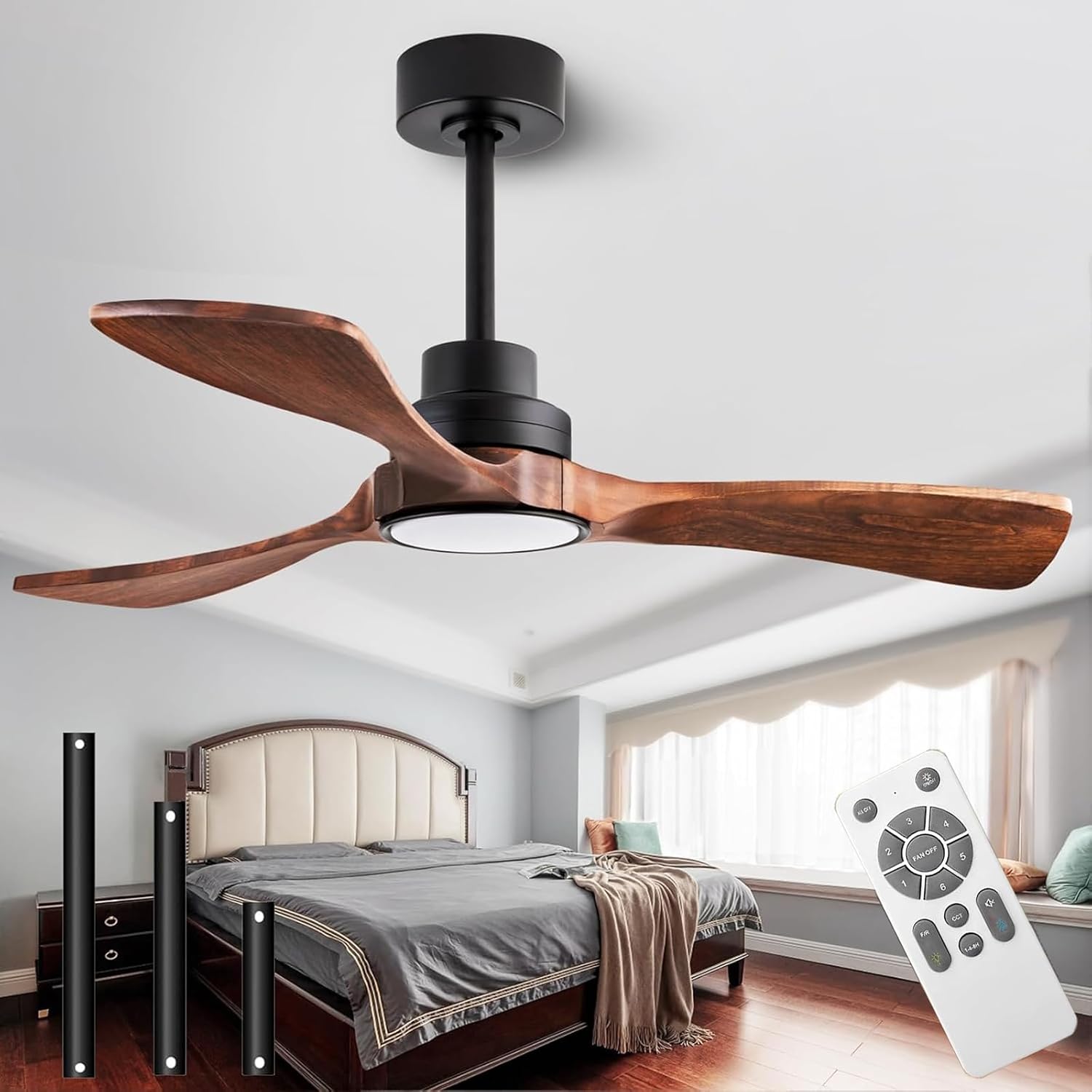 106cm Deckenventilator mit Beleuchtung und Fernbedienung, 3 Holz Flügeln, 18W LED-Licht mit Dimmfunktion (3000K, 4500K, 6500K) Leise DC Motor, 6 Geschwindigkeiten, Timer, Für Schlafzimmer Wohnzimmer