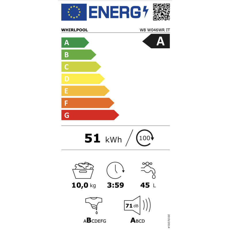 Whirlpool W8 W046WR IT / W8W046WRIT - Lavatrice 10kg Carica Frontale Libera Installazione 1400giri Classe A