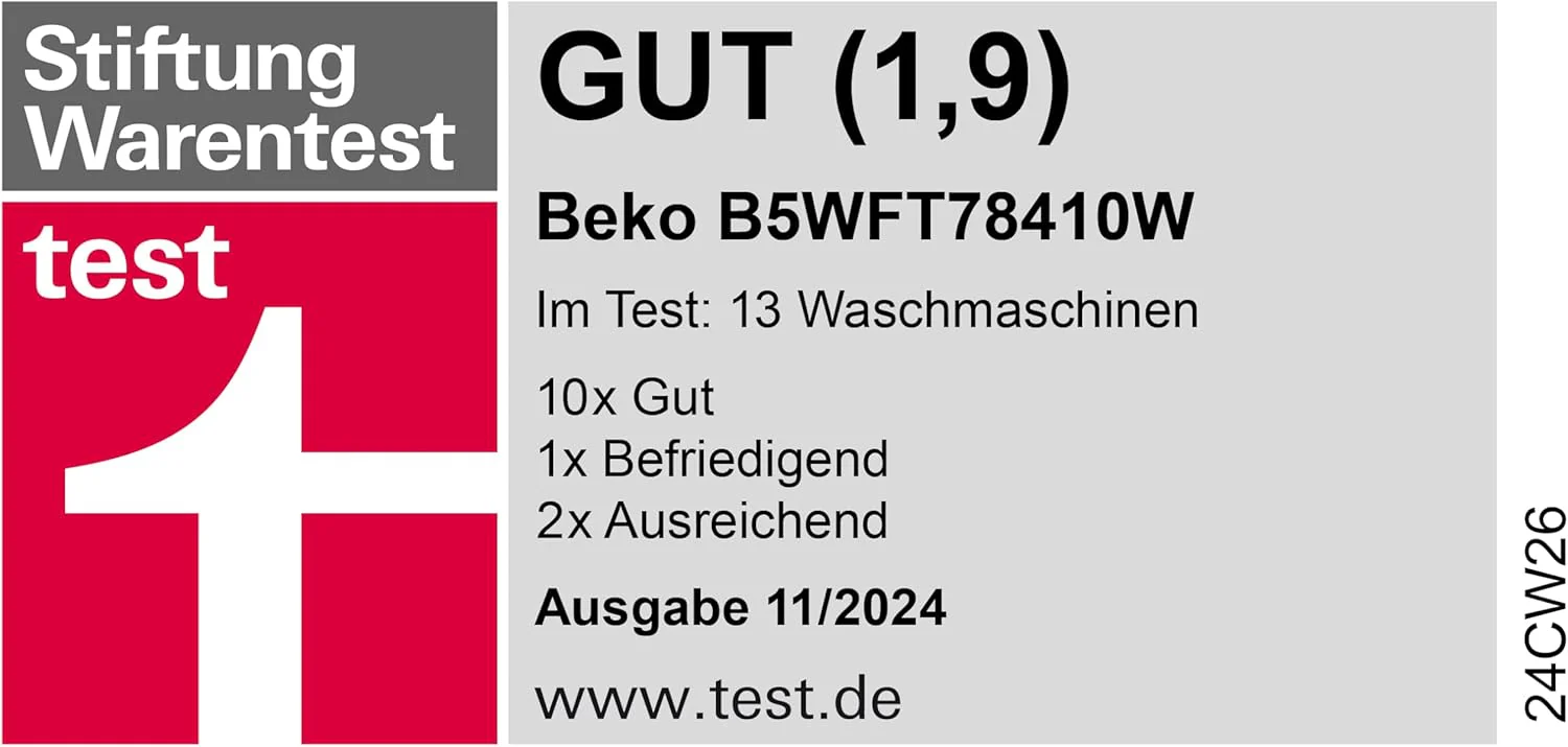 Beko mosógép 8 kg, Stiftung Warentest JÓ (1,9)*, 1400 ford./perc, SteamCure gőzfunkció, AquaWave kímélő dob, StainExpert program, B5WFT78410W, fehér