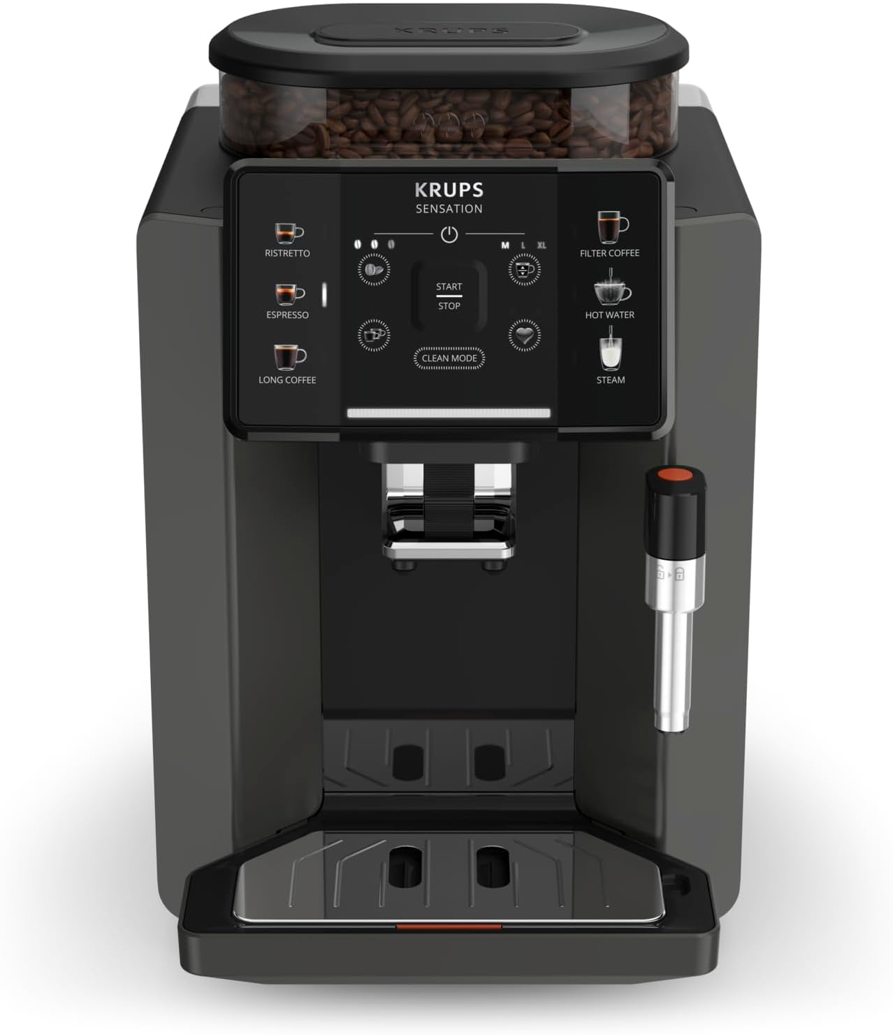 Krups Sensation Kaffeevollautomat, Milchschaumdüse, 5 Getränke, Filterkaffee-Funktion, 2-Tassen-Funktion, Kaffeemaschine, Schwarz, EA910810