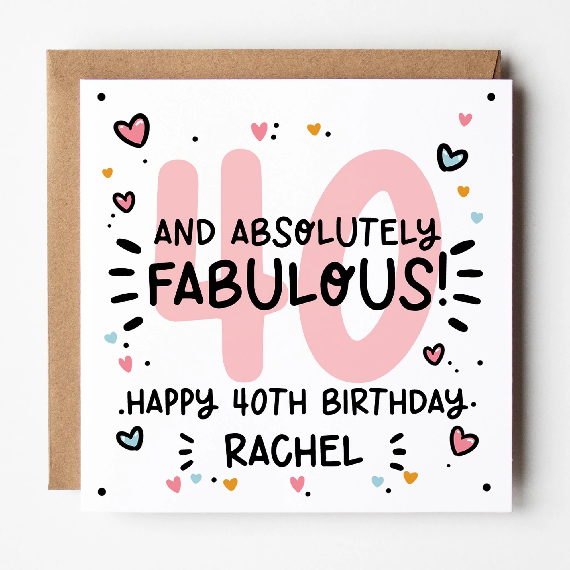 Fabulous 40th Birthday Card for Her, Personalised with Kraft envelope