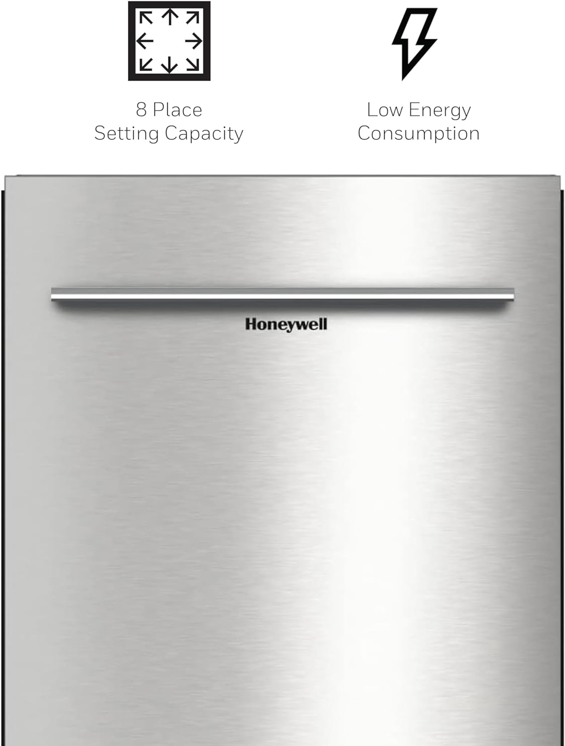 Honeywell 18 Inch Dishwasher with 8 Place settings, 6 Washing Programs, Stainless Steel Tub, UL/Energy Star  Stainless Steel