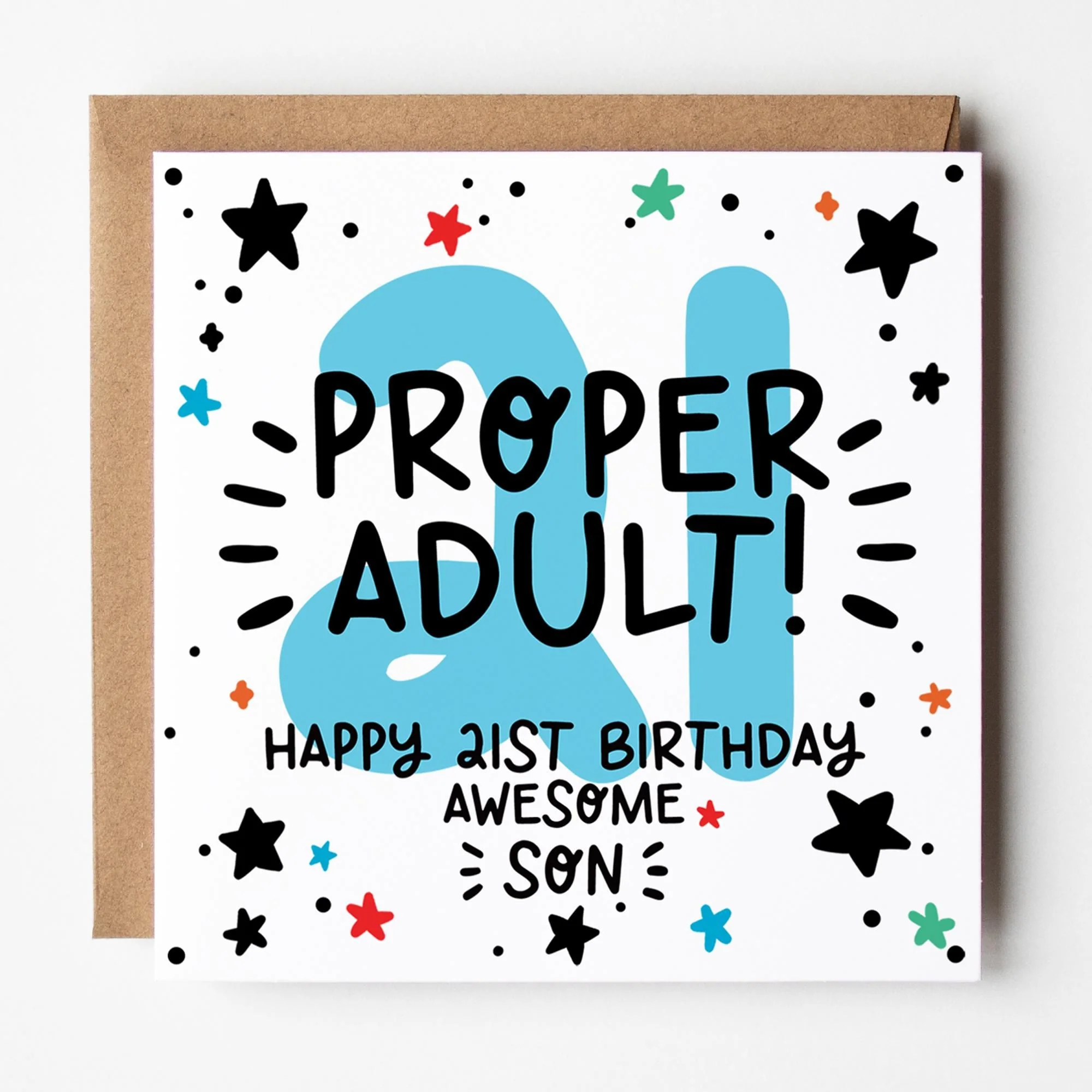 Son 21st Birthday Card: Blue 21, with Kraft Envelope.