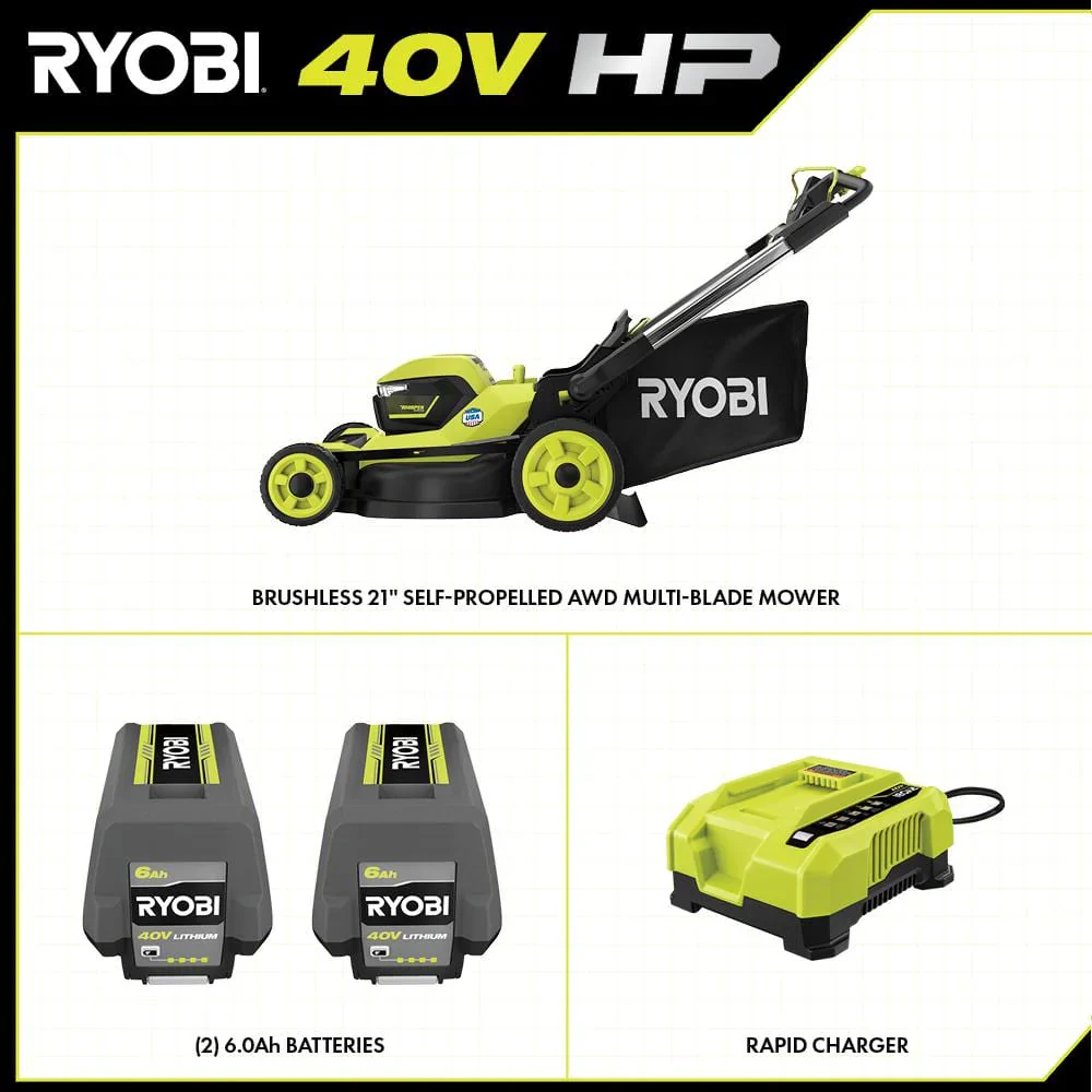 Ryobi 40V HP Brushless 21-in Self-Propelled AWD Lawn Mower �� Whisper Series �� Includes (2) 6.0Ah Batteries and Charger