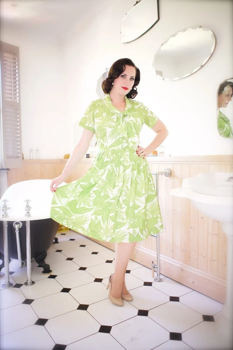 1960s Green Leaf Print Shirt Waister Dress