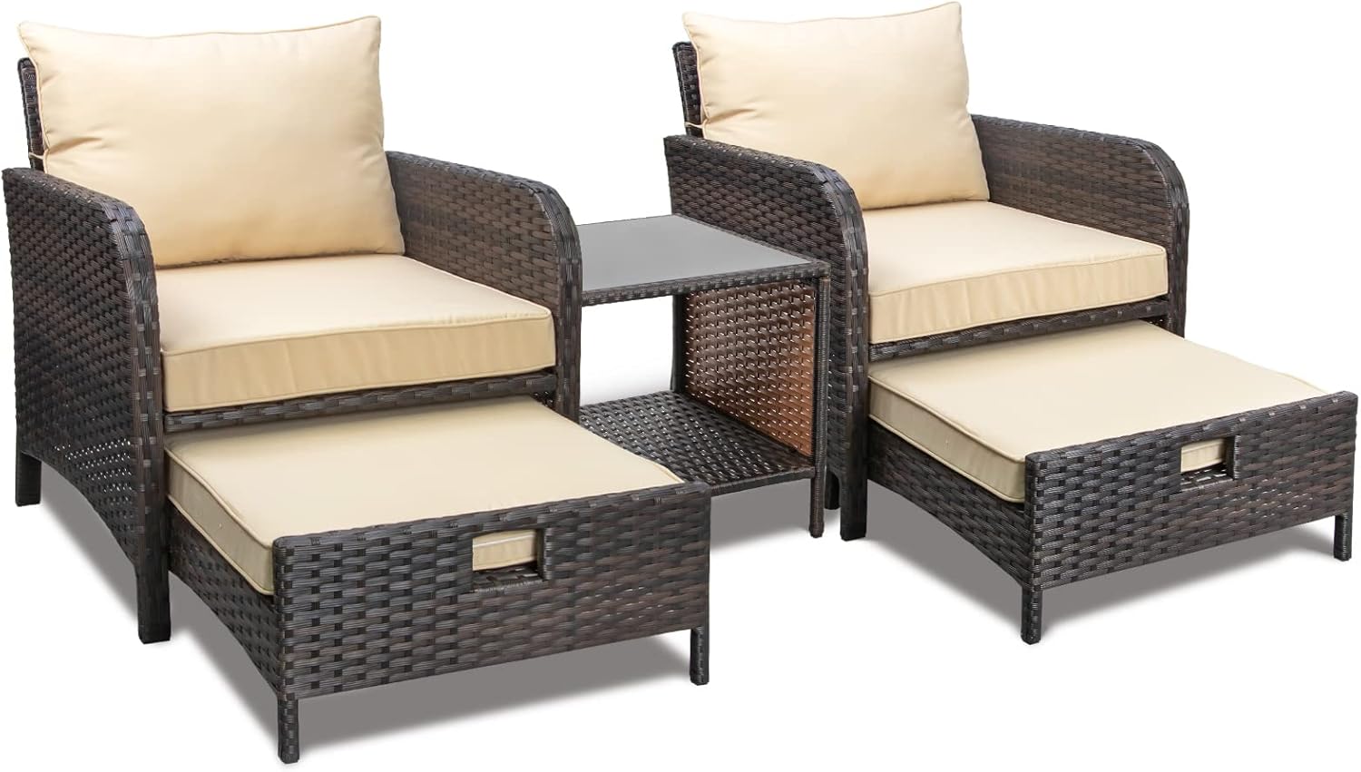 LEVELEVE Balcony Furniture 5 Piece Patio Conversation Set  PE Wicker Rattan Outdoor Lounge Chairs with Soft Cushions 2 Ottoman&Glass Table for Porch  Lawn-Brown Wicker
