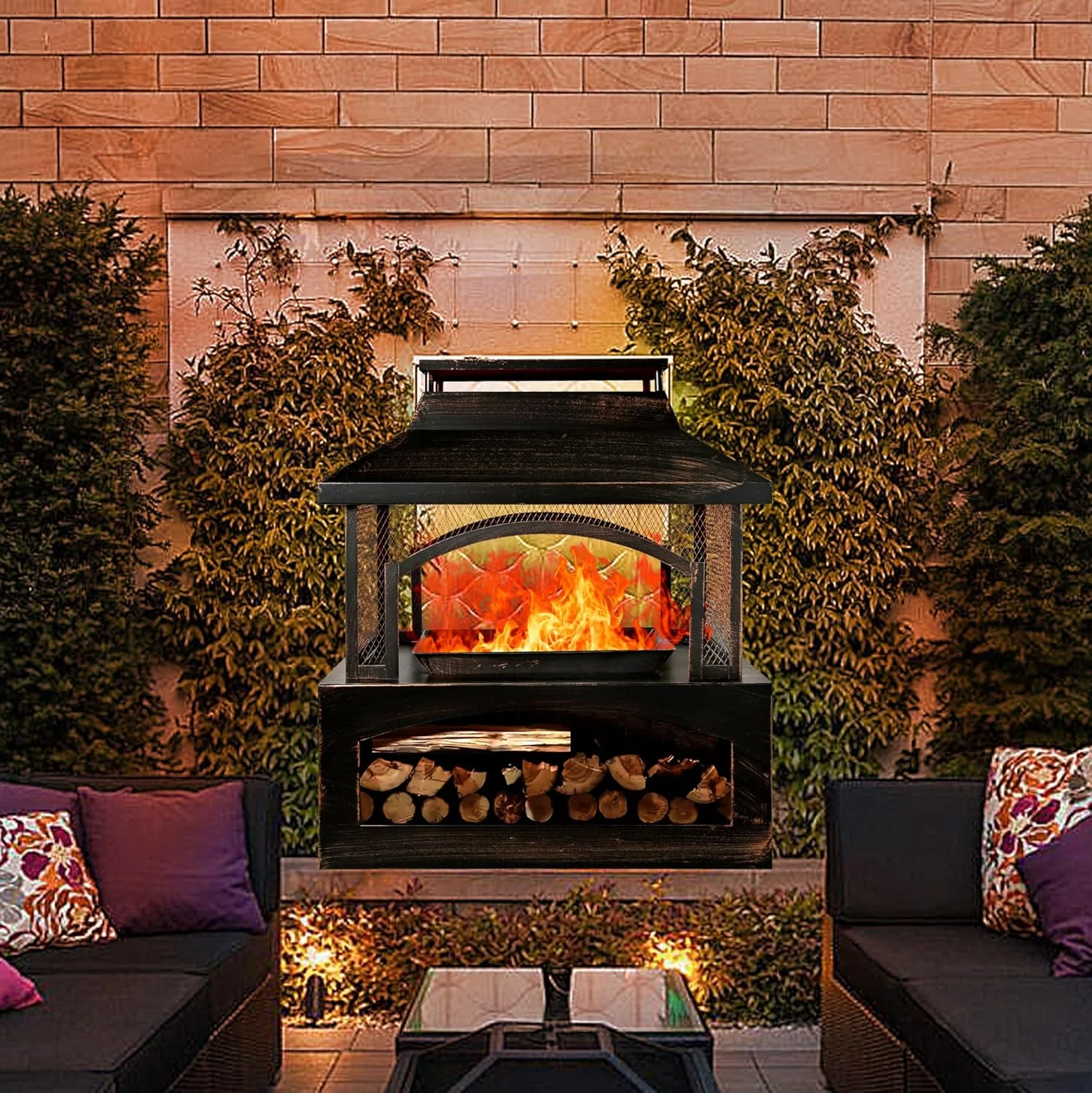 Large Outdoor Wood Burning Fireplace, house shape Outdoor Log Burner Fire Pit with Log Grate and Poker, 37" x 32" x 18" Large Metal Firepit for Patio Garden Backyard, Black