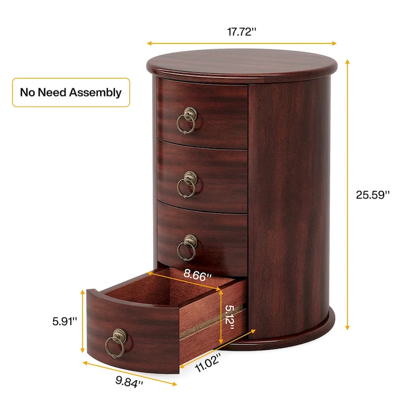 No Assembly Round Solid Wood End Table, Small Side Table with Drawers