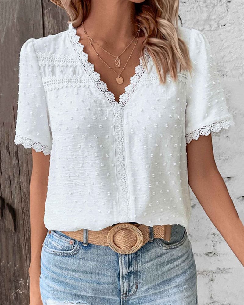 Women��s Bohemian V-Neck Blouse with Lace Trim and Swiss Dot Texture