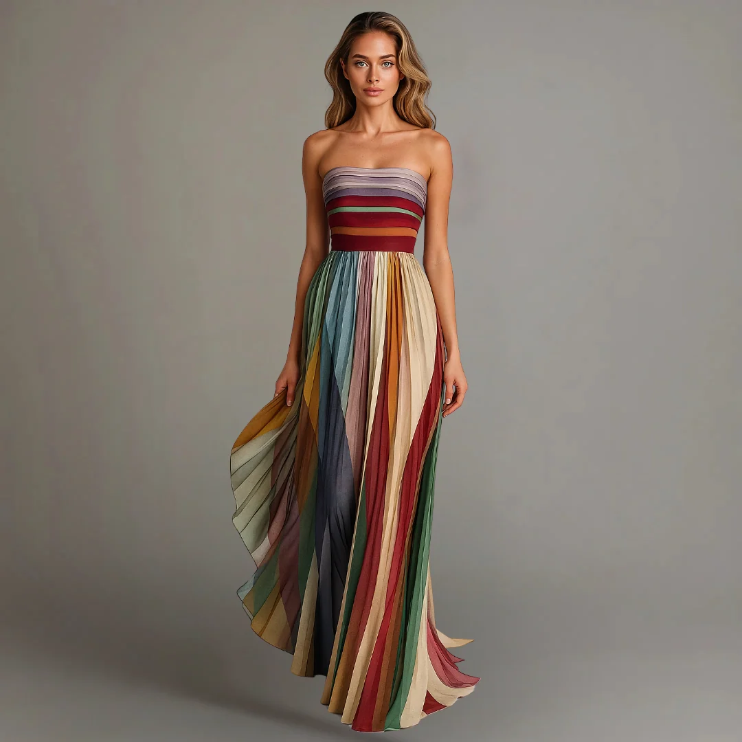 Womena??s Colorful Strapless Maxi Dress for Summer Occasions