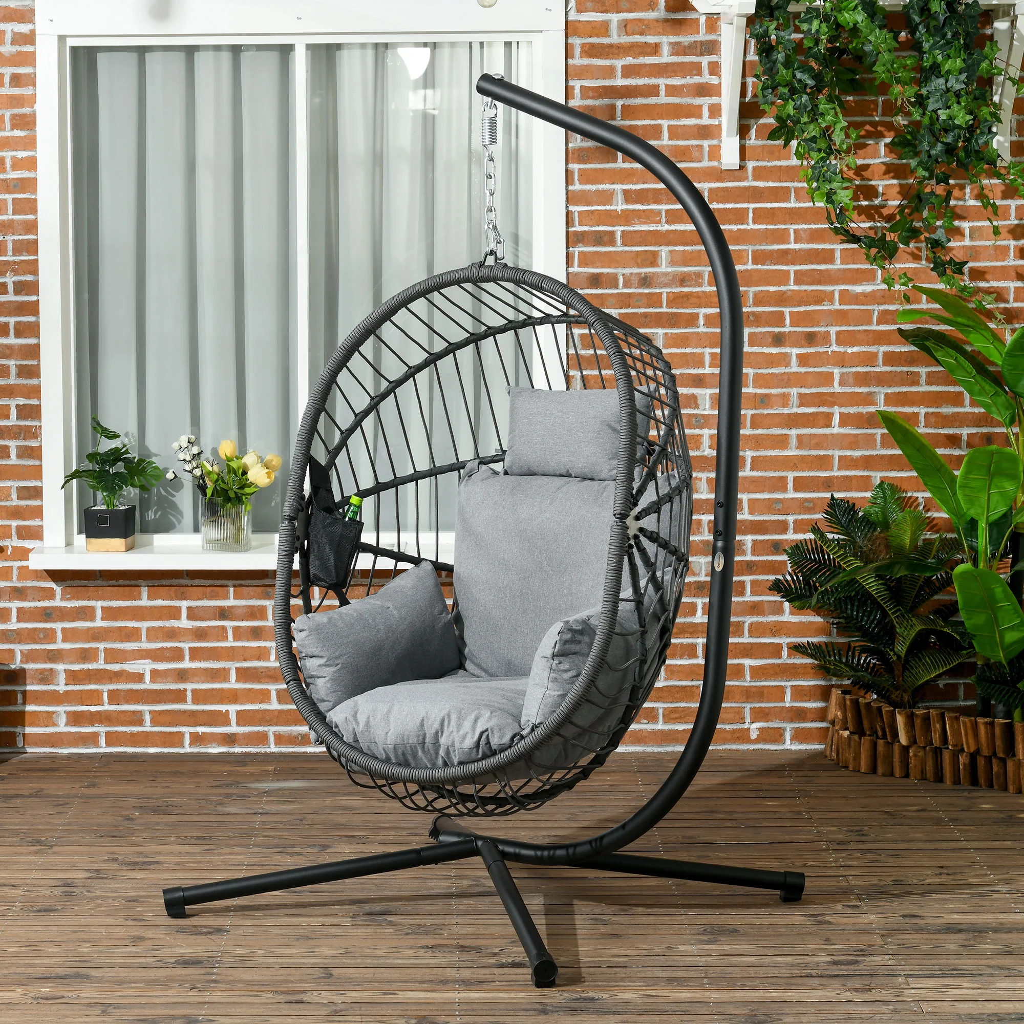 Outsunny Hangstoel voor buiten, inclusief kussen, Egg-Chair, 120 cm x 106 cm x 188 cm, Grijs