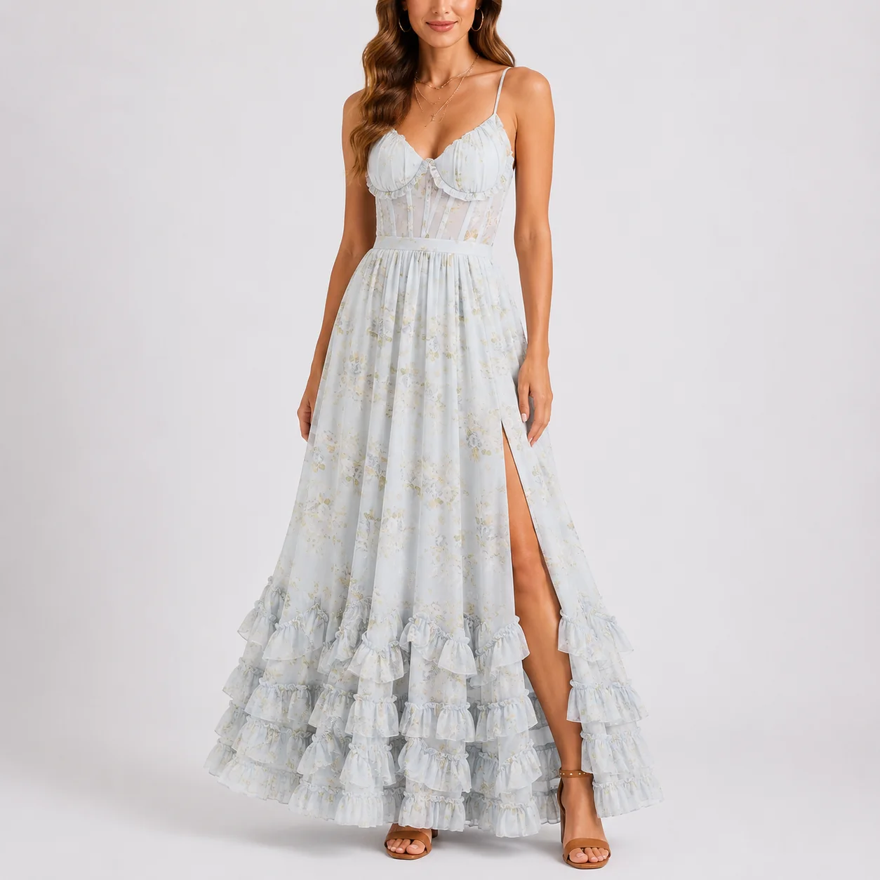 Womena??s Floral Maxi Dress with Corset Bodice