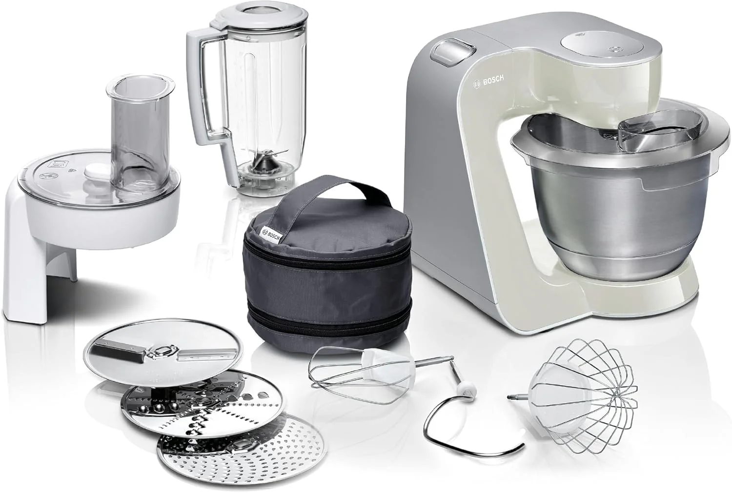 Bosch Küchenmaschine Serie 4 MUM58720,Edelstahl-Schüssel 3,9 L, Mixer 1,25 L, Planetenrührwerk,Knethaken,Schlag,Rührbesen, Durchlaufschnitzler, 3 Scheiben, 1000 W, Dunkelrot/Silber