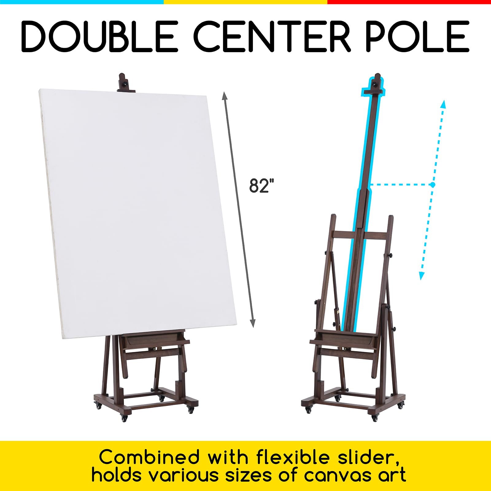 MEEDEN Extra Large H-Frame Studio Easel - Solid Beech Wooden Artist Professional Heavy-Duty Easel, Painting Art Easel Stand with 4 Premium Locking Silent Caster Wheels, Hold Max 82", Walnut